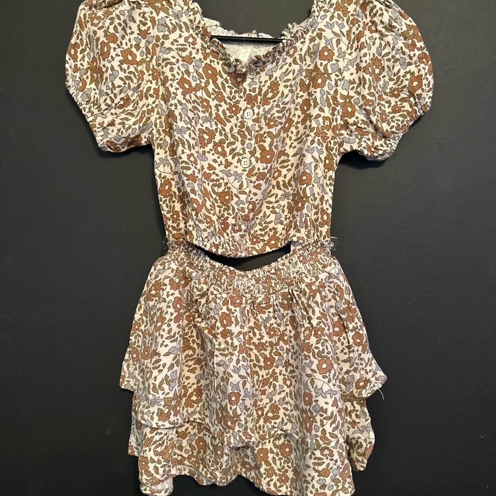 Rylee + Cru Cream and Brown Floral Puff-Sleeve Crop Top & Skirt Set
